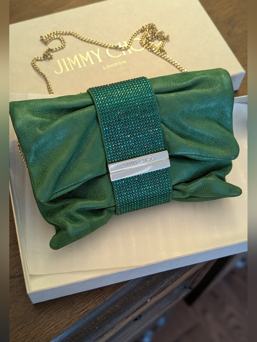 Jimmy Choo Pink Shimmer Suede Chandra Chain Clutch - Picture 2 of 15